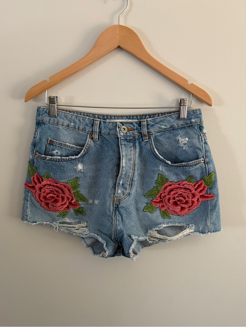 Zara Light Blue Denim Shorts with Pink Rose Embroidery